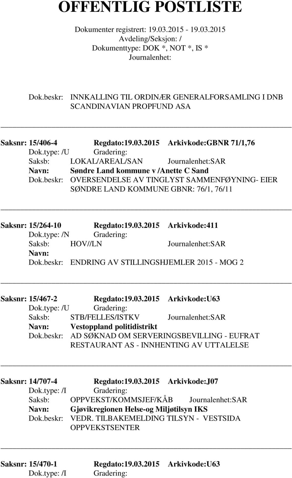 beskr: OVERSENDELSE AV TINGLYST SAMMENFØYNING- EIER SØNDRE LAND KOMMUNE GBNR: 76/1, 76/11 Saksnr: 15/264-10 Regdato:19.03.2015 Arkivkode:411 Dok.type: /N Gradering: Saksb: HOV//LN SAR Dok.