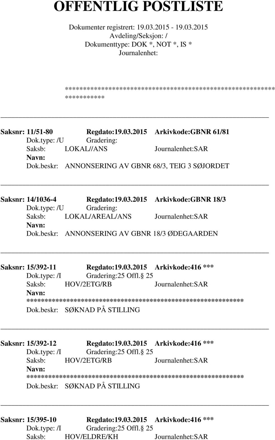 beskr: ANNONSERING AV GBNR 18/3 ØDEGAARDEN Saksnr: 15/392-11 Regdato:19.03.2015 Arkivkode:416 *** 25 Offl.