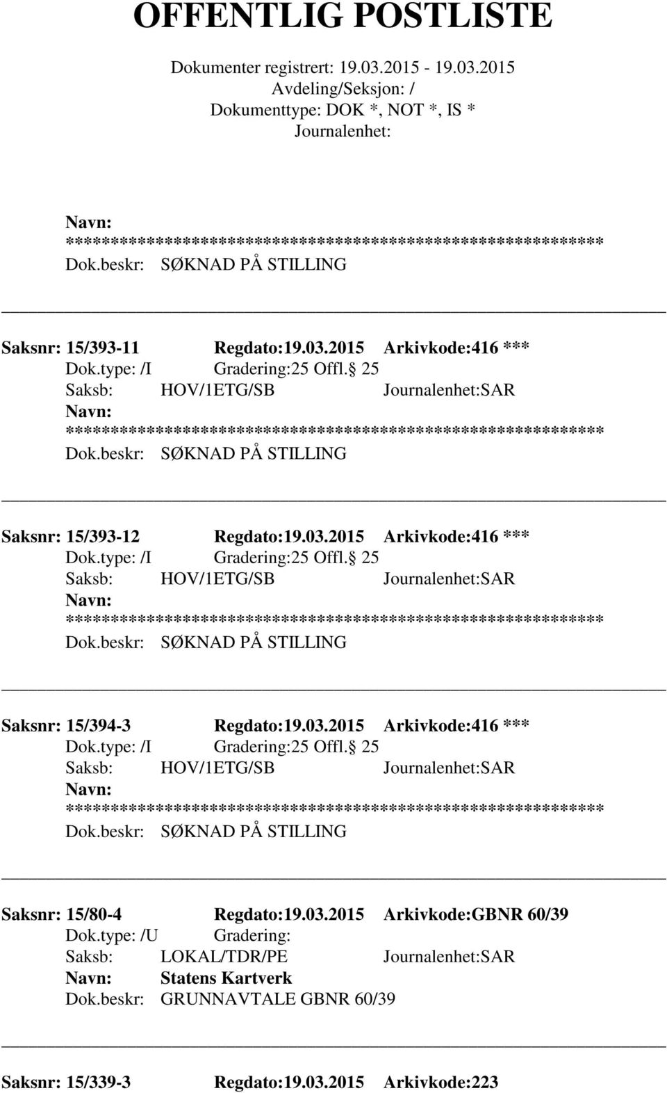 25 Saksb: HOV/1ETG/SB SAR ** Saksnr: 15/394-3 Regdato:19.03.2015 Arkivkode:416 *** 25 Offl.