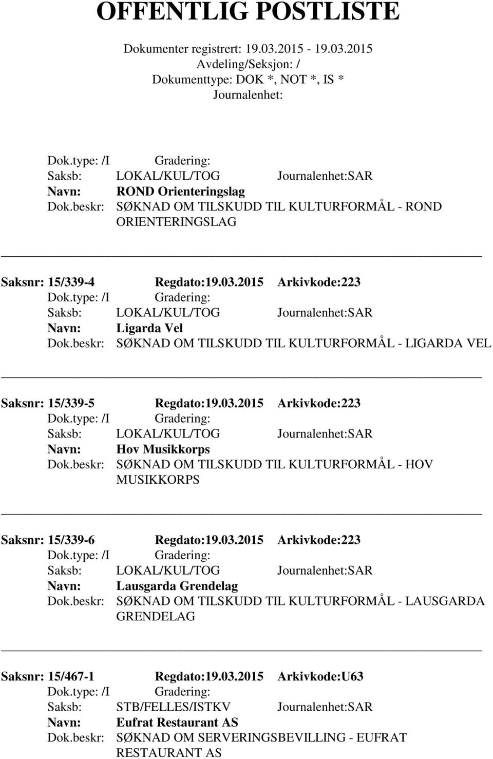 2015 Arkivkode:223 Saksb: LOKAL/KUL/TOG SAR Hov Musikkorps Dok.beskr: SØKNAD OM TILSKUDD TIL KULTURFORMÅL - HOV MUSIKKORPS Saksnr: 15/339-6 Regdato:19.03.