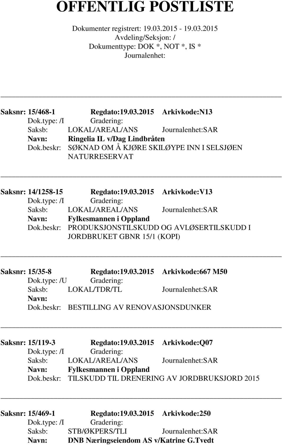 beskr: PRODUKSJONSTILSKUDD OG AVLØSERTILSKUDD I JORDBRUKET GBNR 15/1 (KOPI) Saksnr: 15/35-8 Regdato:19.03.2015 Arkivkode:667 M50 Saksb: LOKAL/TDR/TL SAR Dok.