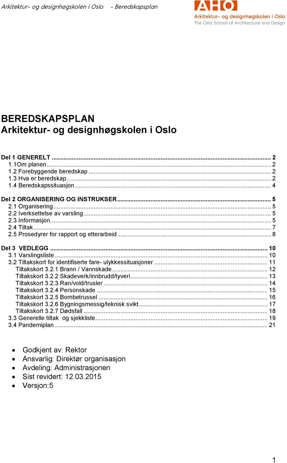 .. 10 3.1 Varslingsliste... 10 3.2 Tiltakskort for identifiserte fare- ulykkessituasjoner... 11 Tiltakskort 3.2.1 Brann / Vannskade... 12 Tiltakskort 3.2.2 Skadeverk/innbrudd/tyveri... 13 Tiltakskort 3.