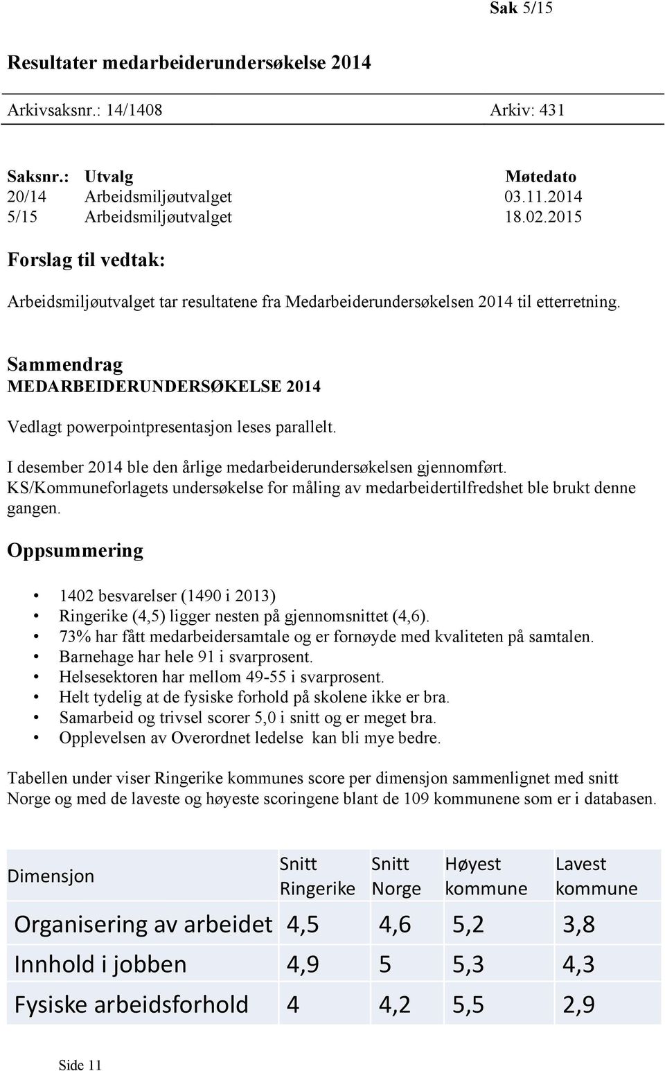 Sammendrag MEDARBEIDERUNDERSØKELSE 2014 Vedlagt powerpointpresentasjon leses parallelt. I desember 2014 ble den årlige medarbeiderundersøkelsen gjennomført.