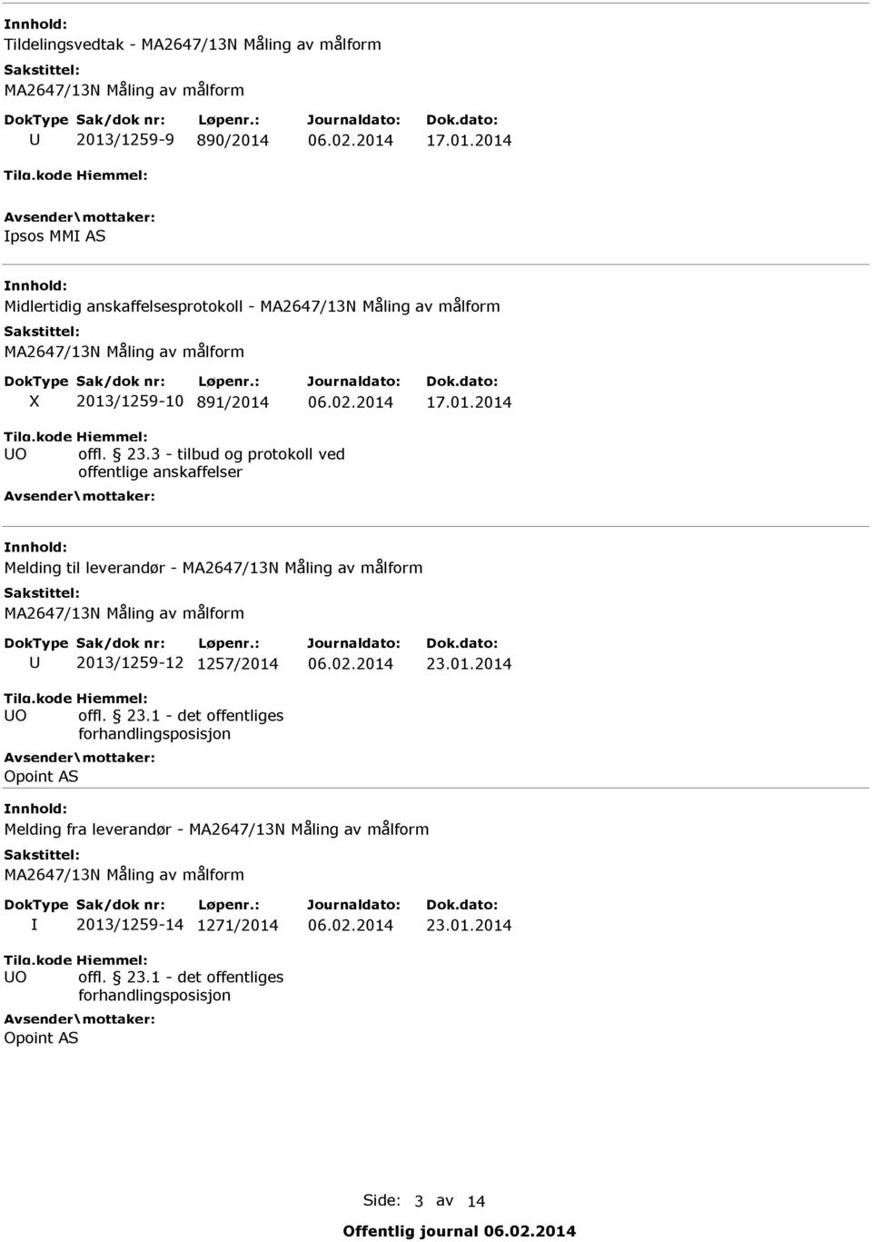 3 - tilbud og protokoll ved offentlige anskaffelser Avsender mottaker: Melding til leverandør - U 2013/1259-12 1257/2014 06.02.2014 23.01.2014 U0 offl.