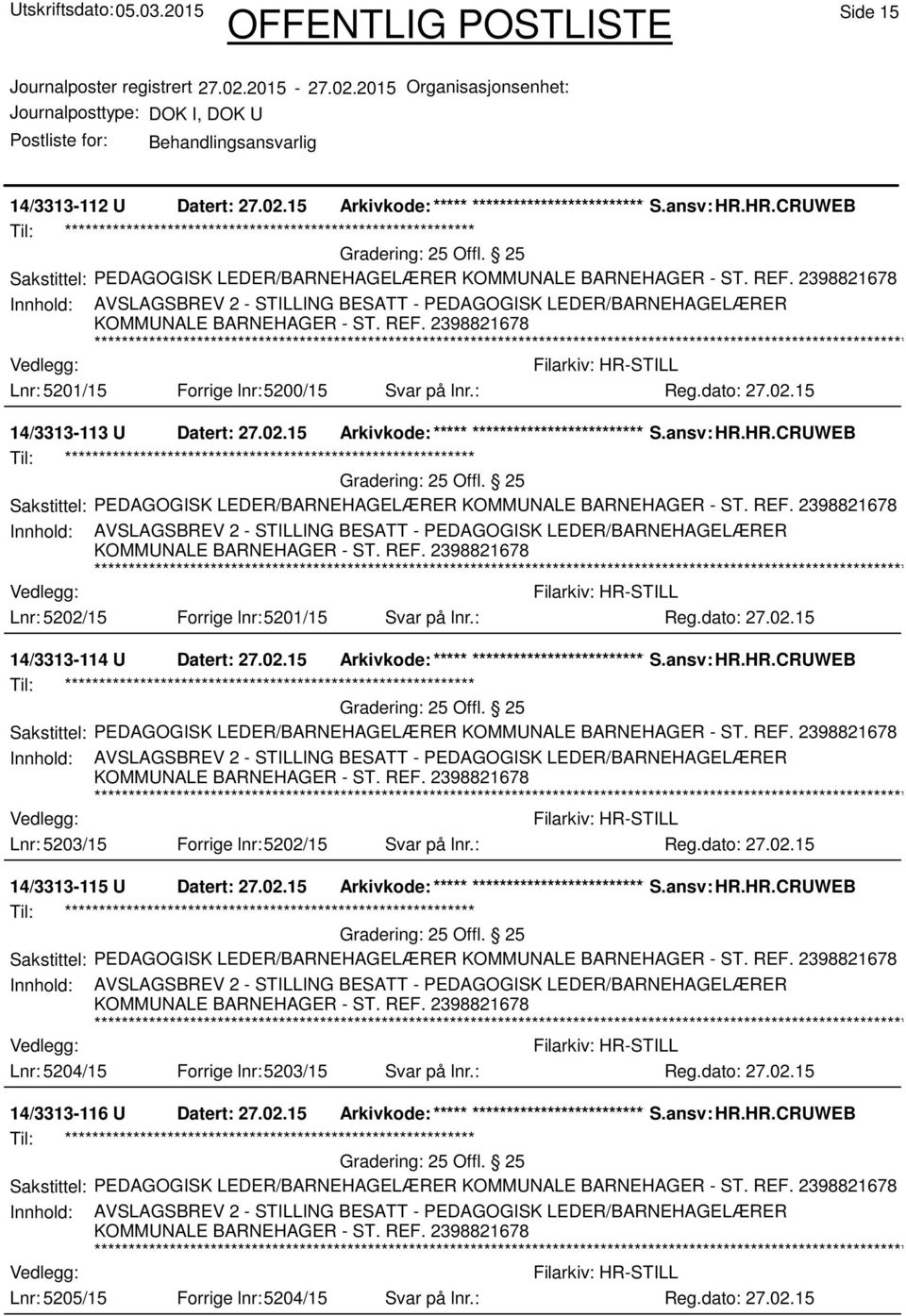 : 14/3313-116 U Datert: 27.02.15 Arkivkode:***** ****************************** S.ansv: HR.HR.CRUWEB Lnr: 5205/15 Forrige lnr:5204/15 Svar på lnr.: