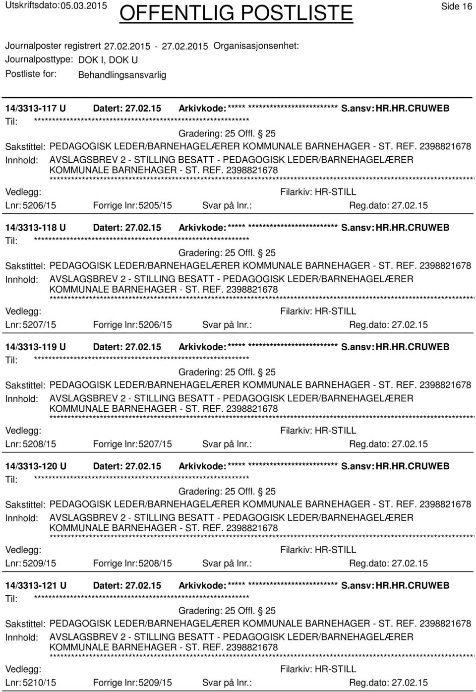 : 14/3313-121 U Datert: 27.02.15 Arkivkode:***** ****************************** S.ansv: HR.HR.CRUWEB Lnr: 5210/15 Forrige lnr:5209/15 Svar på lnr.: