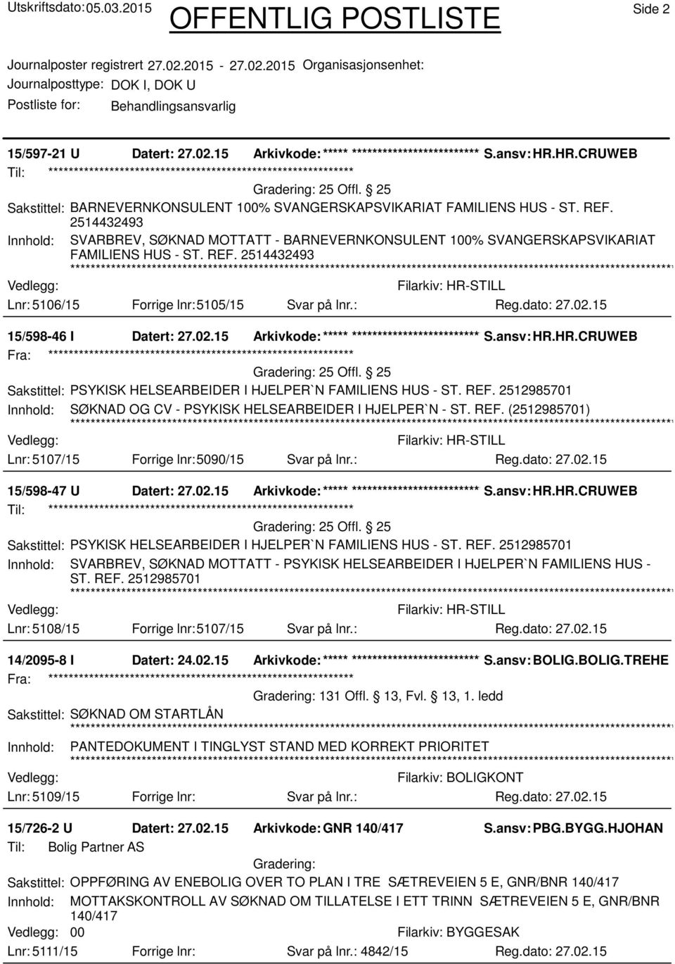 02.15 Arkivkode:***** ****************************** S.ansv: HR.HR.CRUWEB Sakstittel: PSYKISK HELSEARBEIDER I HJELPER`N FAMILIENS HUS - ST. REF.