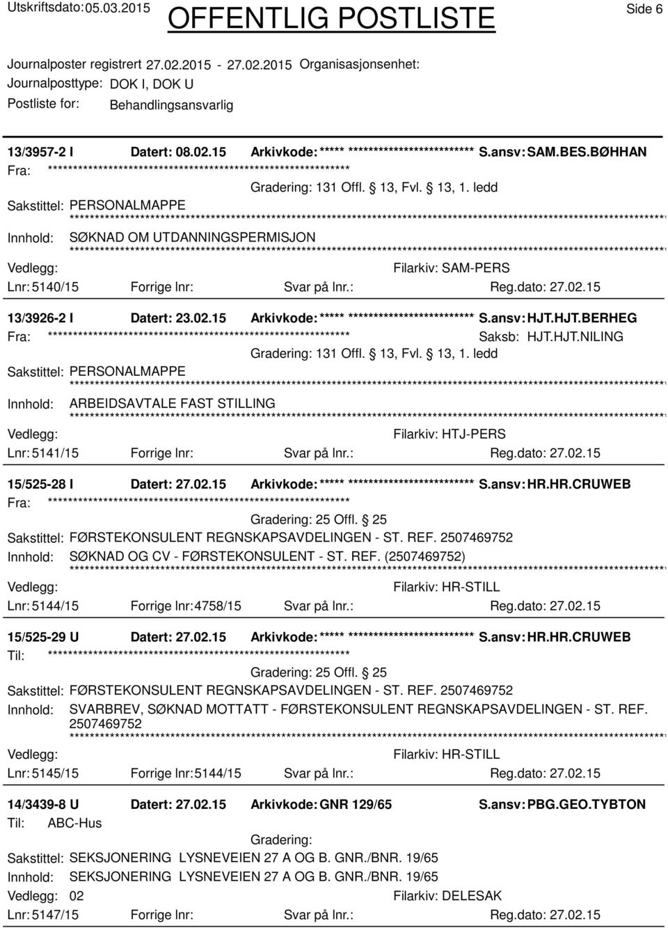 : Filarkiv: HTJ-PERS 15/525-28 I Datert: 27.02.15 Arkivkode:***** ****************************** S.ansv: HR.HR.CRUWEB Sakstittel: FØRSTEKONSULENT REGNSKAPSAVDELINGEN - ST. REF.