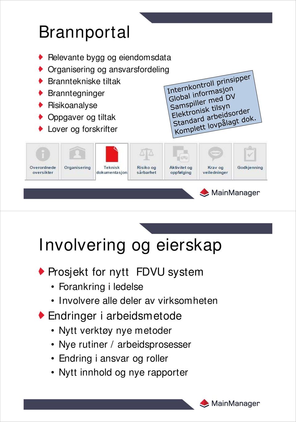 for nytt FDVU system Forankring i ledelse Involvere alle deler av virksomheten Endringer i