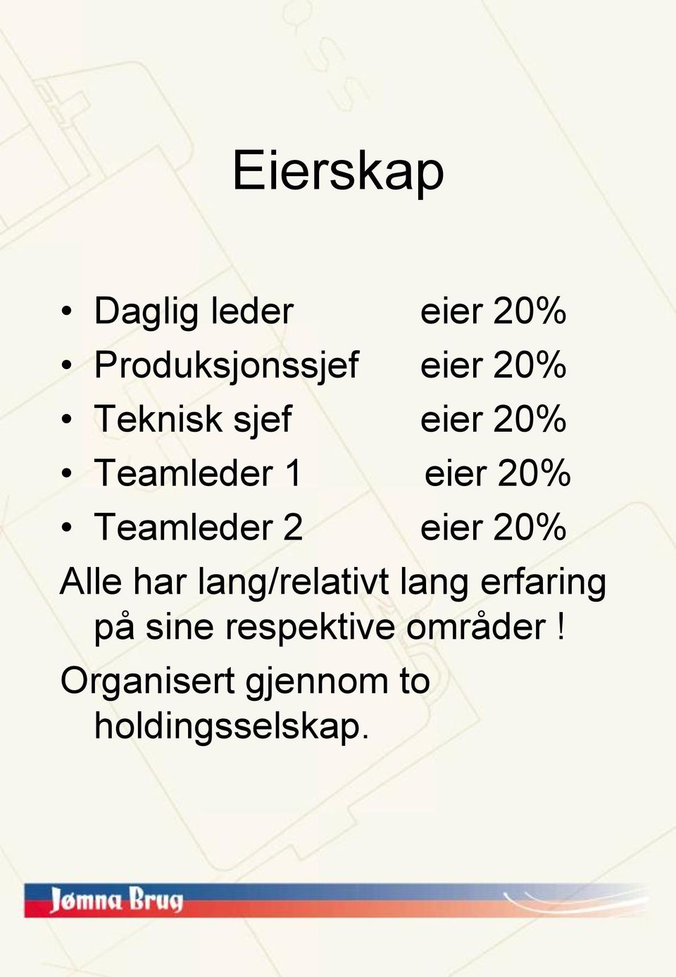 eier 20% Alle har lang/relativt lang erfaring på sine