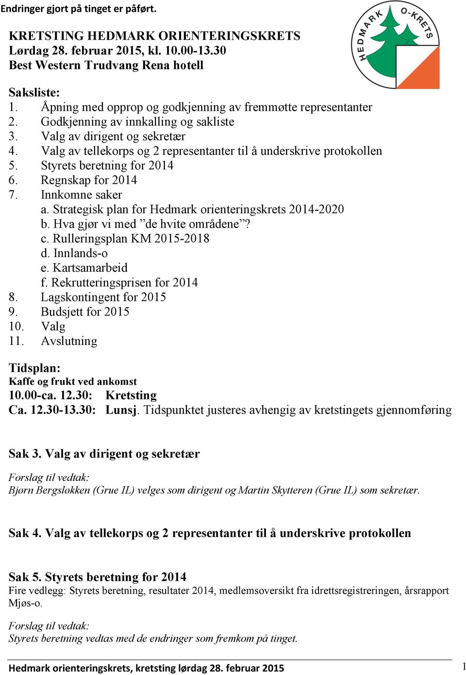 Valg av tellekorps og 2 representanter til å underskrive protokollen 5. Styrets beretning for 2014 6. Regnskap for 2014 7. Innkomne saker a. Strategisk plan for Hedmark orienteringskrets 2014-2020 b.