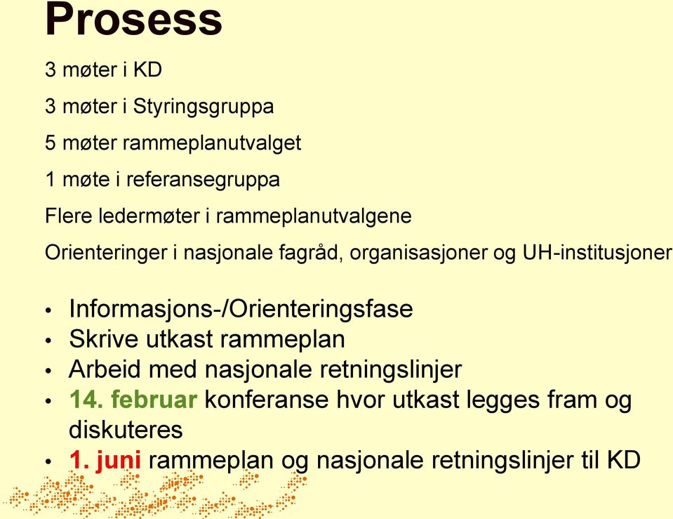 UH-institusjoner Informasjons-/Orienteringsfase Skrive utkast rammeplan Arbeid med nasjonale