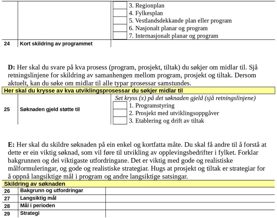 Sjå retningslinjene for skildring av samanhengen mellom program, prosjekt og tiltak. Dersom aktuelt, kan du søke om midlar til alle typar prosessar samstundes.