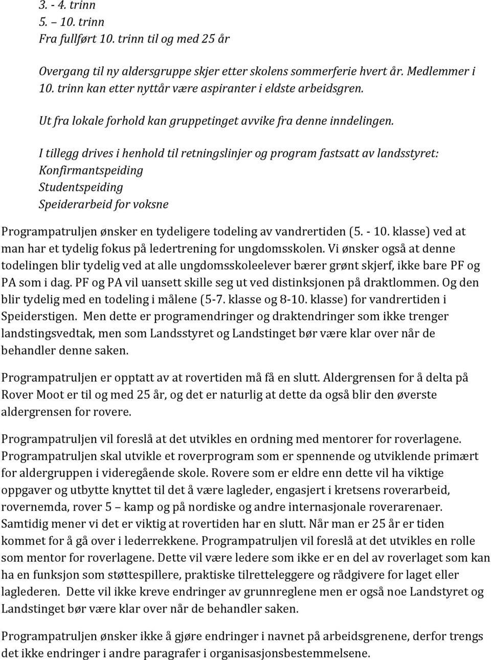 I tillegg drives i henhold til retningslinjer og program fastsatt av landsstyret: Konfirmantspeiding Studentspeiding Speiderarbeid for voksne Programpatruljen ønsker en tydeligere todeling av