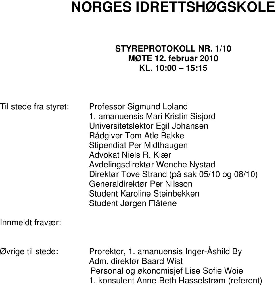 Kiær Avdelingsdirektør Wenche Nystad Direktør Tove Strand (på sak 05/10 og 08/10) Generaldirektør Per Nilsson Student Karoline Steinbekken Student Jørgen