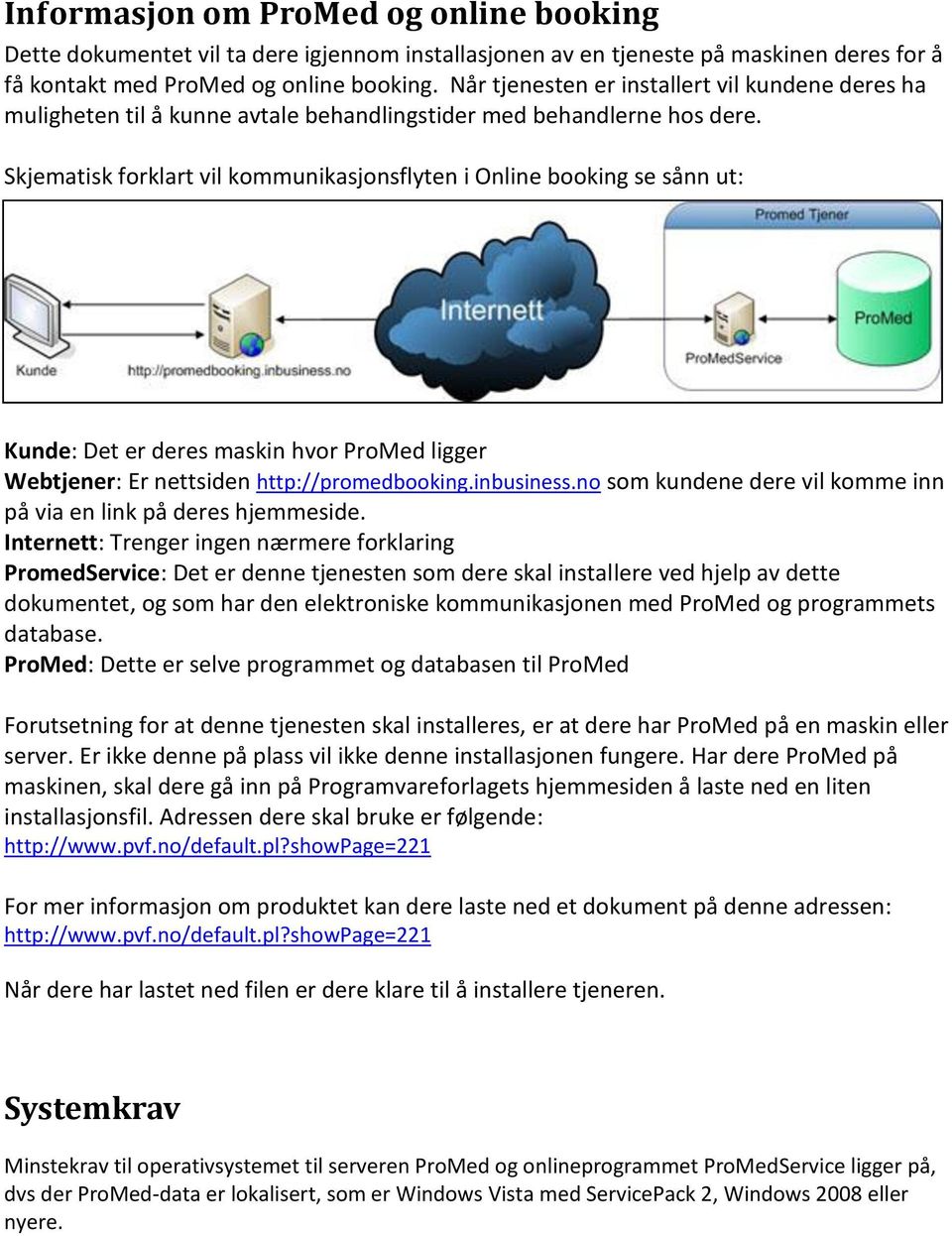 Skjematisk forklart vil kommunikasjonsflyten i Online booking se sånn ut: Kunde: Det er deres maskin hvor ProMed ligger Webtjener: Er nettsiden http://promedbooking.inbusiness.