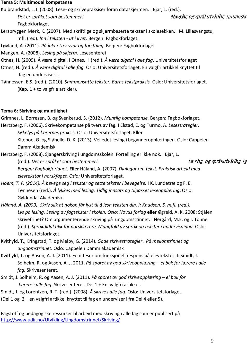 Inn i teksten - ut i livet. Bergen: Fagbokforlaget. Løvland, A. (2011). På jakt etter svar og forståing. Bergen: Fagbokforlaget Mangen, A. (2008). Lesing på skjerm. Lesesenteret Otnes, H. (2009).