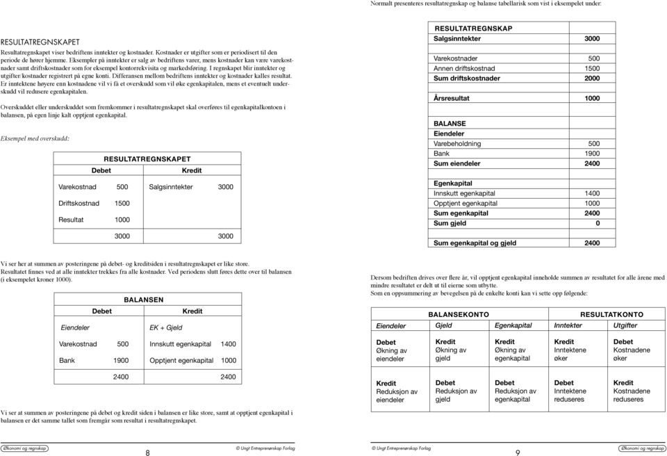 Eksempler på inntekter er salg av bedriftens varer, mens kostnader kan være varekostnader samt driftskostnader som for eksempel kontorrekvisita og markedsføring.