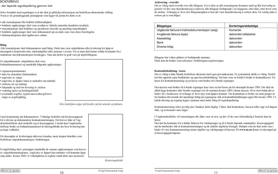 For å sikre at alle transaksjoner kommer med og blir forsvarlig registrert vil det være hensiktsmessig å arkivere alle bilagene fortløpende i en ringperm, etter dato, etter hvert som de mottas.