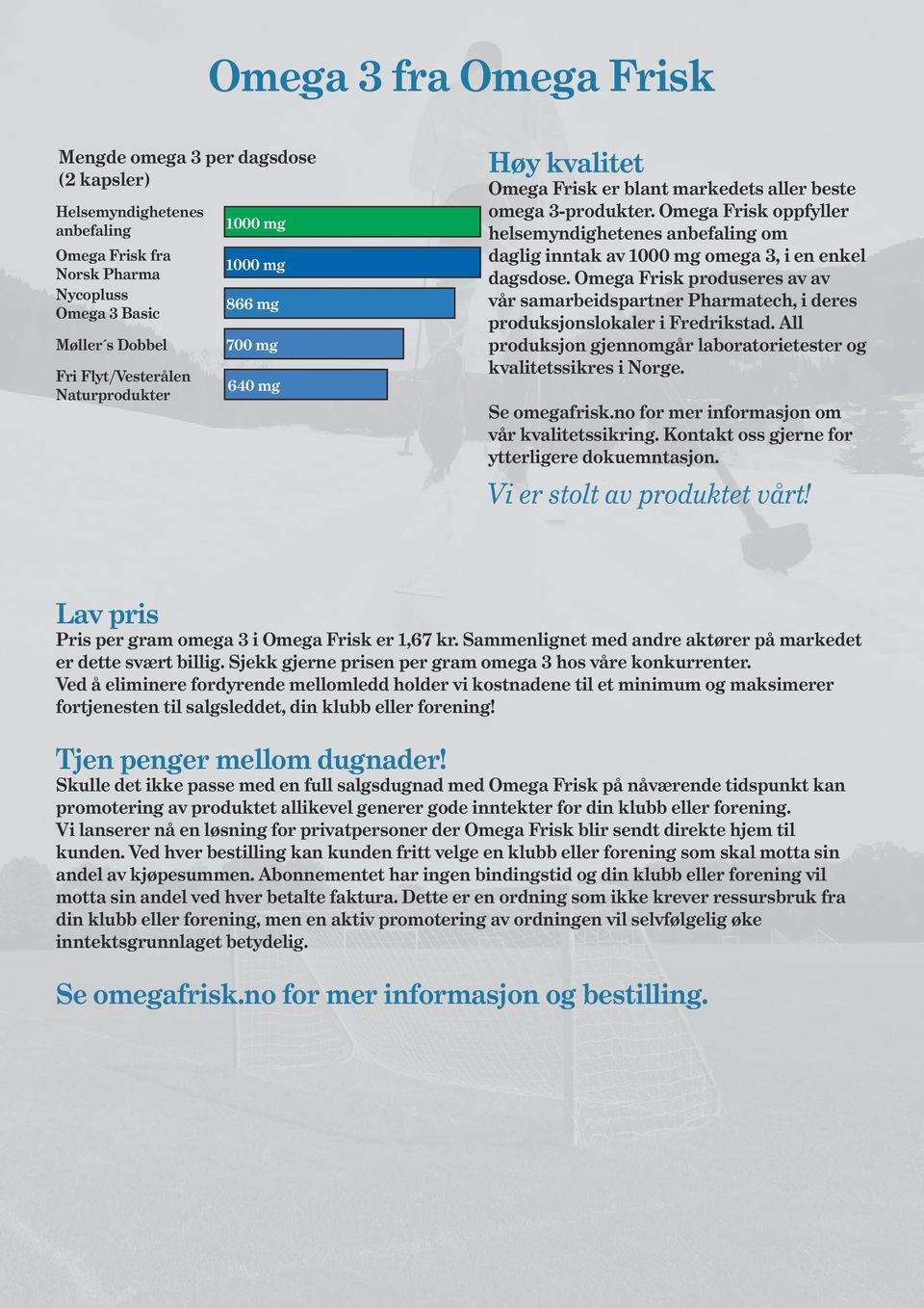 Omega Frisk oppfyller helsemyndighetenes anbefaling om daglig inntak av 1000 mg omega 3, i en enkel dagsdose.