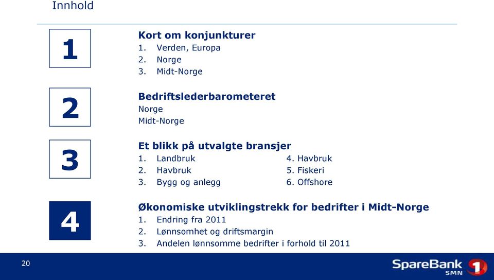 Landbruk 4. Havbruk 2. Havbruk 5. Fiskeri 3. Bygg og anlegg 6.