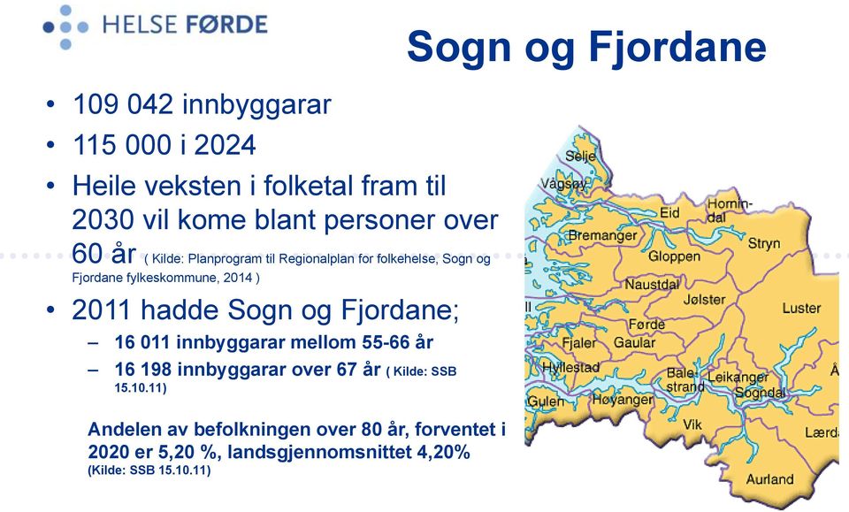 Fjordane; 16 011 innbyggarar mellom 55-66 år 16 198 innbyggarar over 67 år ( Kilde: SSB 15.10.