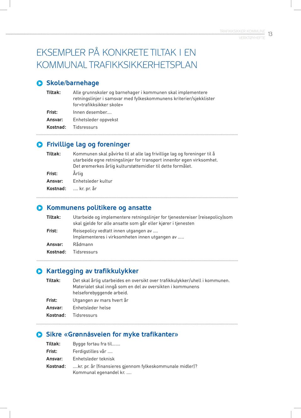 .. Enhetsleder oppvekst Tidsressurs Frivillige lag og foreninger Tiltak: Frist: Ansvar: Kostnad: Kommunen skal påvirke til at alle lag frivillige lag og foreninger til å utarbeide egne retningslinjer