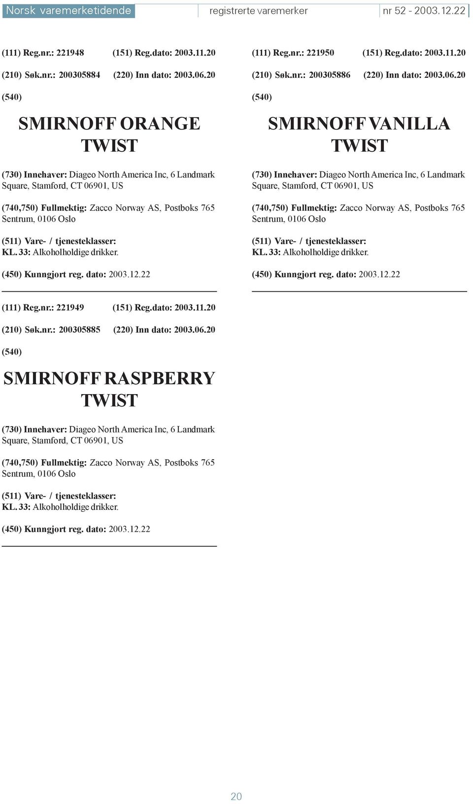 33: Alkoholholdige drikker. (111) Reg.nr.: 221950 (151) Reg.dato: 2003.11.20 (210) Søk.nr.: 200305886 (220) Inn dato: 2003.06.