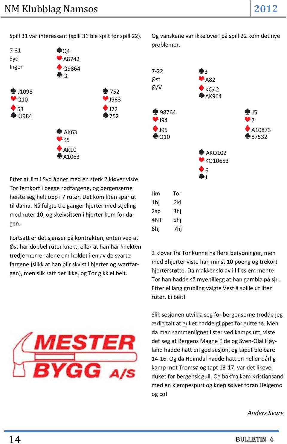 helt opp i 7 ruter. Det kom liten spar ut til dama. Nå fulgte tre ganger hjerter med stjeling med ruter 10, og skeivsitsen i hjerter kom for dagen.