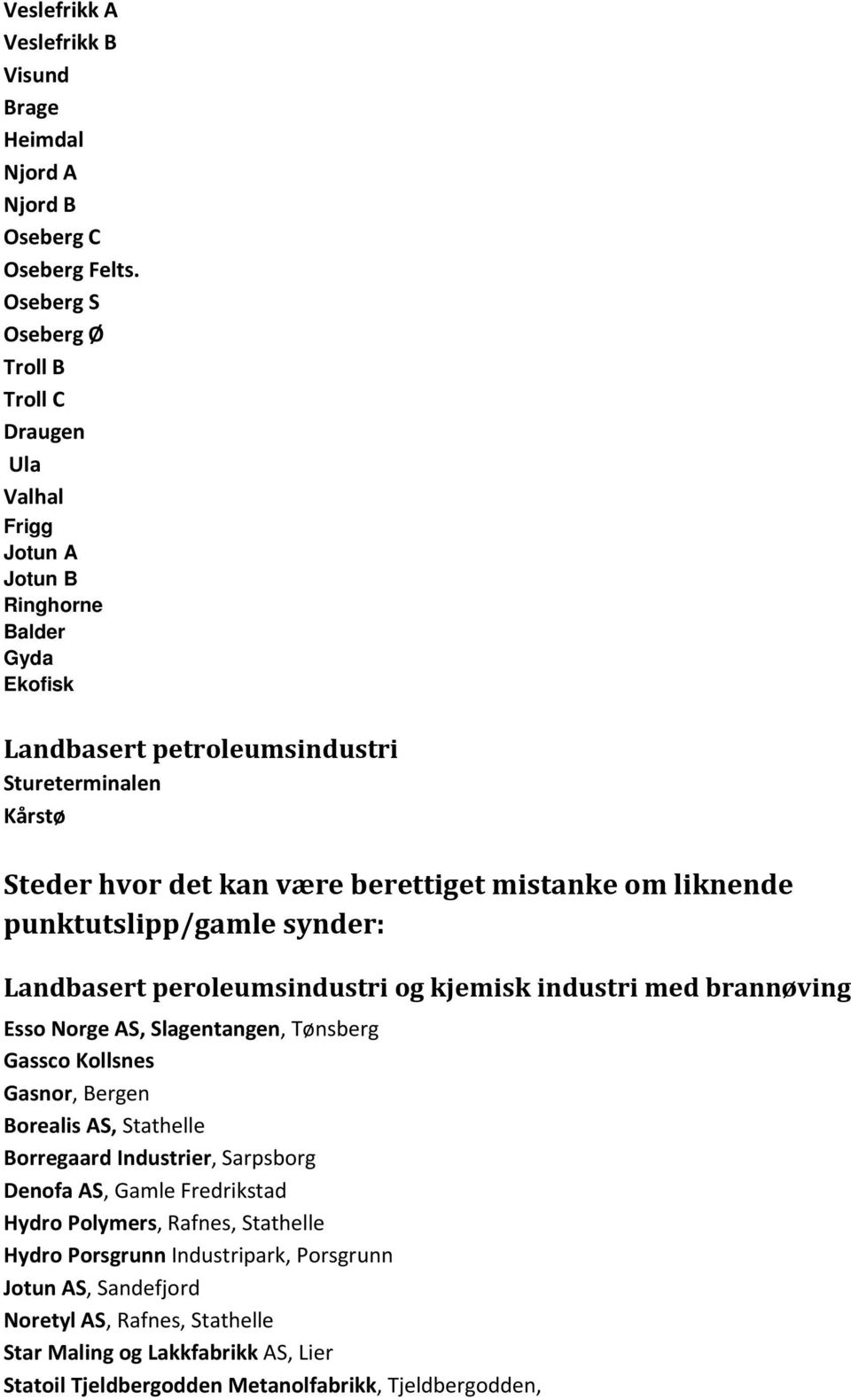 berettiget mistanke om liknende punktutslipp/gamle synder: Landbasert peroleumsindustri og kjemisk industri med brannøving Esso Norge AS, Slagentangen, Tønsberg Gassco Kollsnes Gasnor, Bergen