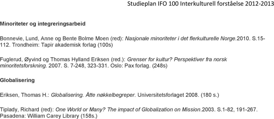 Perspektiver fra norsk minoritetsforskning. 2007. S. 7-248, 323-331. Oslo: Pax forlag. (248s) Globalisering Eriksen, Thomas H.: Globalisering.