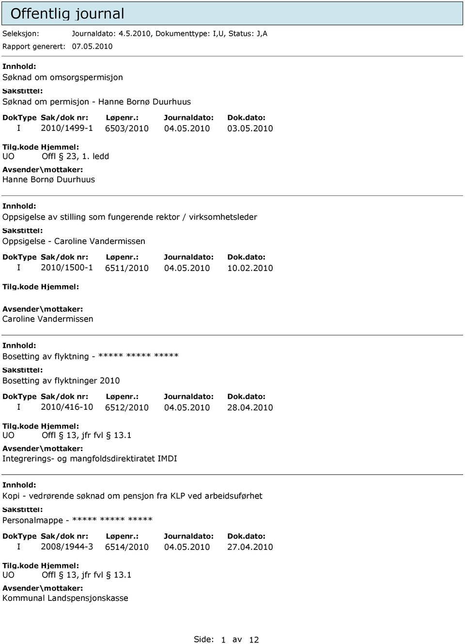 2010 nnhold: Oppsigelse av stilling som fungerende rektor / virksomhetsleder Oppsigelse - Caroline Vandermissen 2010/1500-1 6511/2010 10.02.