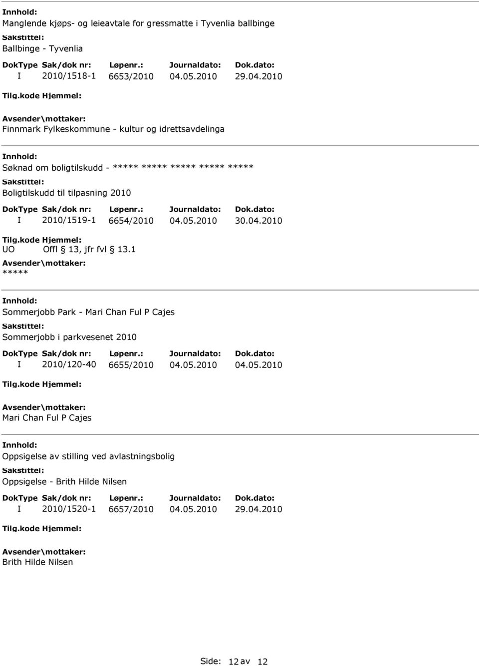 6654/2010 nnhold: Sommerjobb Park - Mari Chan Ful P Cajes Sommerjobb i parkvesenet 2010 2010/120-40 6655/2010 Mari Chan Ful P