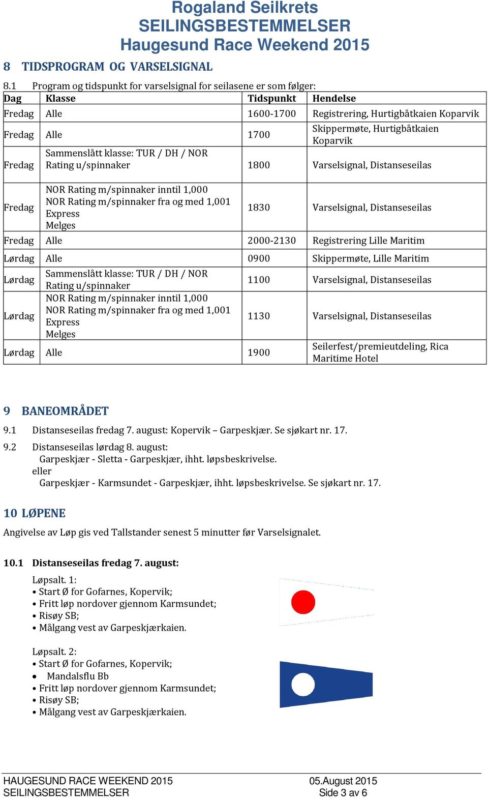 Hurtigbåtkaien Koparvik Sammenslått klasse: TUR / DH / NOR Fredag Rating u/spinnaker 1800 Varselsignal, Distanseseilas Fredag NOR Rating m/spinnaker inntil 1,000 NOR Rating m/spinnaker fra og med