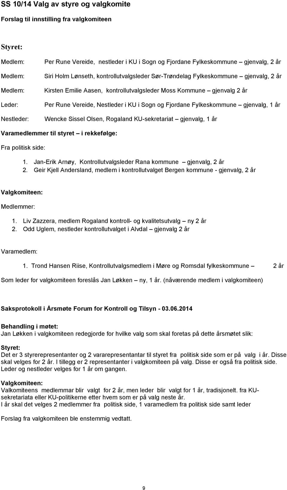 Fylkeskommune gjenvalg, 1 år Wencke Sissel Olsen, Rogaland KU-sekretariat gjenvalg, 1 år Varamedlemmer til styret i rekkefølge: Fra politisk side: 1.