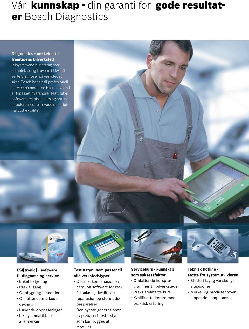 Bosch har alt til profesjonell service på moderne biler hvor alt er tilpasset hverandre: Testutstyr, software, tekniske kurs og hotline, supplert med reservedeler i original utstyrkvalitet.