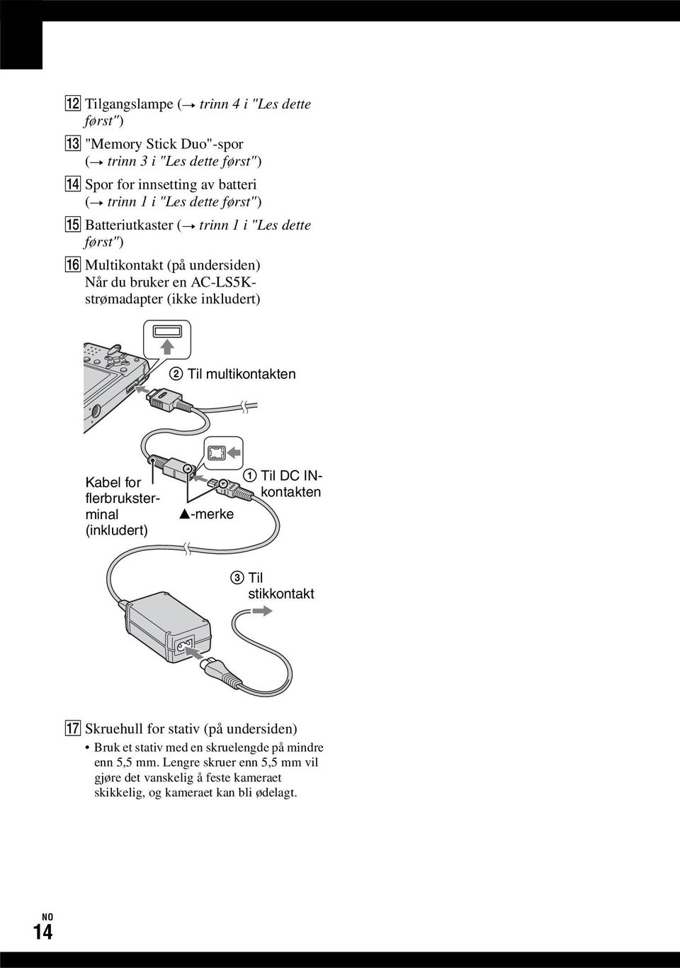 2 Til multikontakten Kabel for flerbruksterminal (inkludert) v-merke 1 Til DC INkontakten 3 Til stikkontakt Q Skruehull for stativ (på undersiden) Bruk et