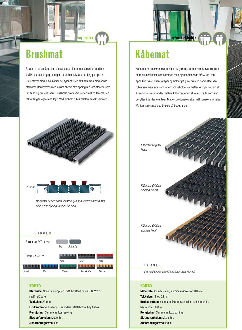 Brushmat produseres etter mål og leveres i en rekke farger, også med logo. Ved renhold rulles matten enkelt sammen.
