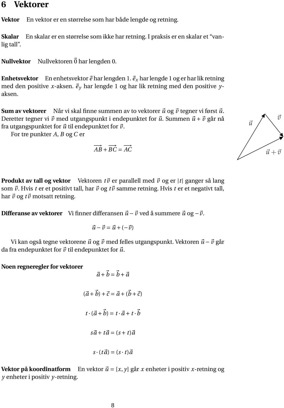 e y har lengde 1 og har lik retning med den positive y- aksen. Sum av vektorer Når vi skal finne summen av to vektorer u og v tegner vi først u.