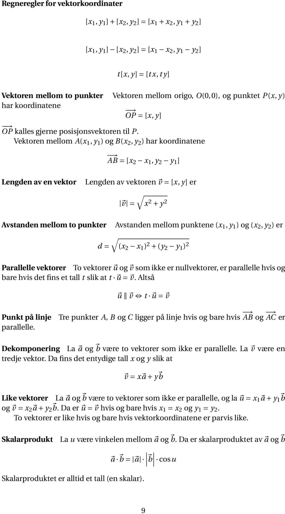 Vektoren mellom A(x 1, y 1 ) og B(x 2, y 2 ) har koordinatene AB = [x2 x 1, y 2 y 1 ] Lengden av en vektor Lengden av vektoren v = [x, y] er v = x 2 + y 2 Avstanden mellom to punkter Avstanden mellom