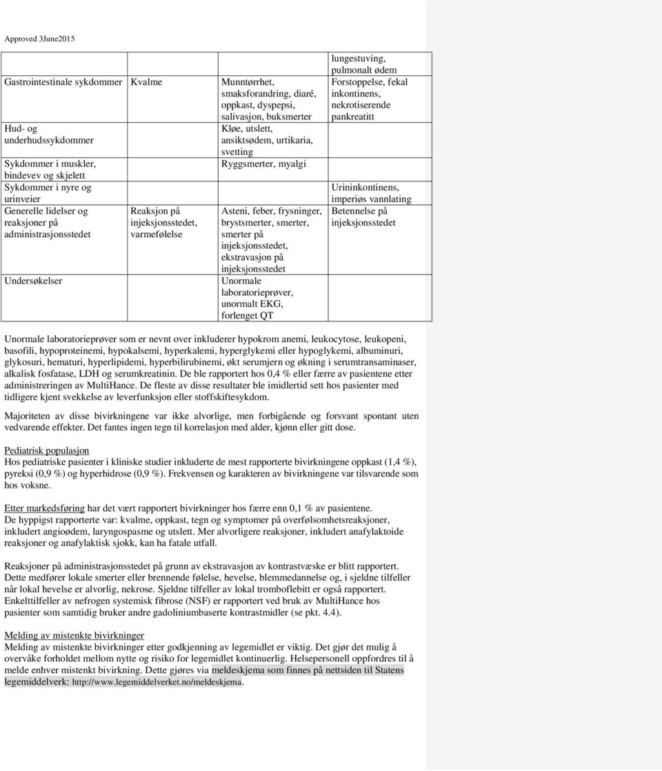 myalgi Asteni, feber, frysninger, brystsmerter, smerter, smerter på injeksjonsstedet, ekstravasjon på injeksjonsstedet Unormale laboratorieprøver, unormalt EKG, forlenget QT lungestuving, pulmonalt