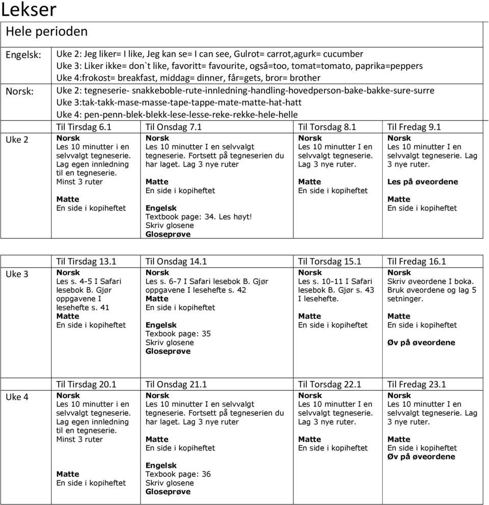 3:tak-takk-mase-masse-tape-tappe-mate-matte-hat-hatt Uke 4: pen-penn-blek-blekk-lese-lesse-reke-rekke-hele-helle Til Tirsdag 6.1 Til Onsdag 7.1 Til Torsdag 8.1 Til Fredag 9.