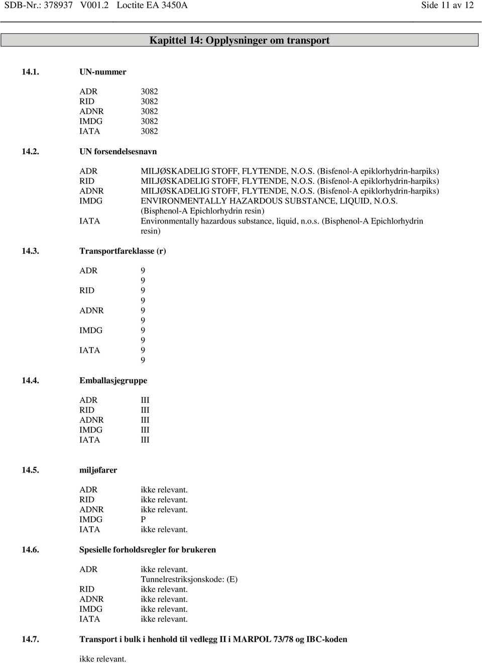 O.S. (Bisphenol-A Epichlorhydrin resin) Environmentally hazardous substance, liquid, n.o.s. (Bisphenol-A Epichlorhydrin resin) 14.3.