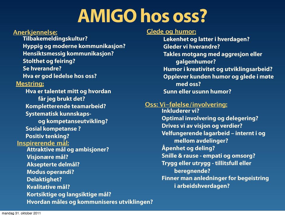 Inspirerende mål: Attraktive mål og ambisjoner? Visjonære mål? Aksepterte delmål? Modus operandi? Delaktighet? Kvalitative mål? Kortsiktige og langsiktige mål?