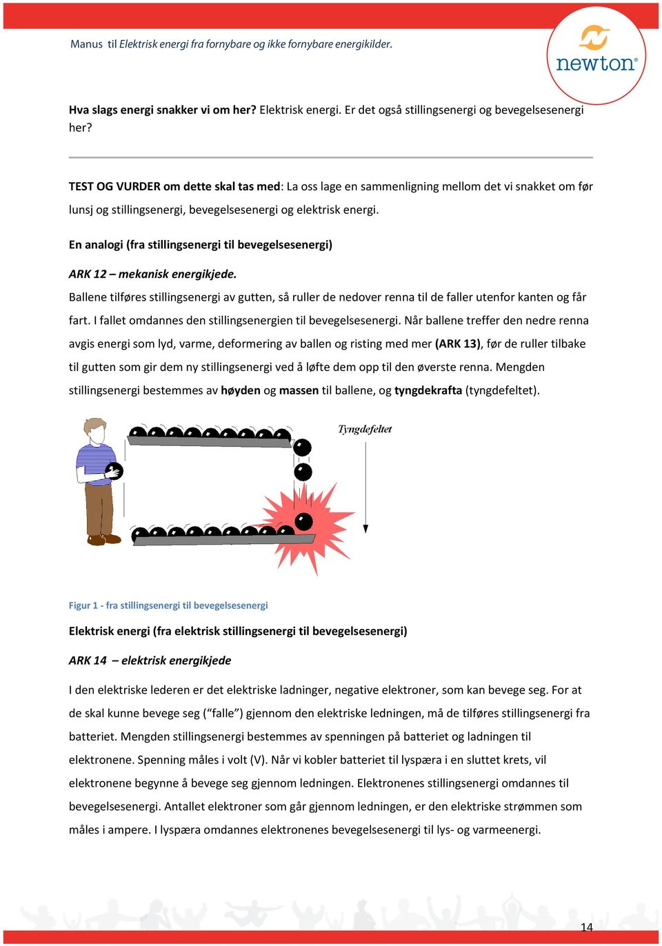 En analogi (fra stillingsenergi til bevegelsesenergi) ARK 12 mekanisk energikjede. Ballene tilføres stillingsenergi av gutten, så ruller de nedover renna til de faller utenfor kanten og får fart.