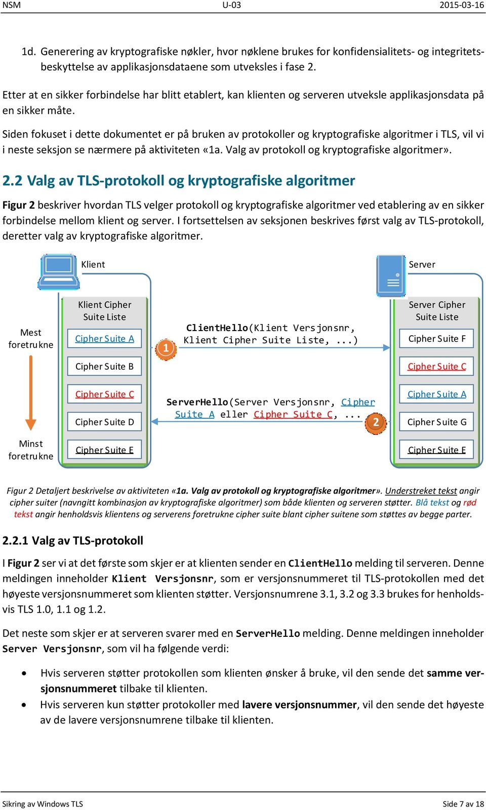 Siden fokuset i dette dokumentet er på bruken av protokoller og kryptografiske algoritmer i TLS, vil vi i neste seksjon se nærmere på aktiviteten «1a. Valg av protokoll og kryptografiske algoritmer».