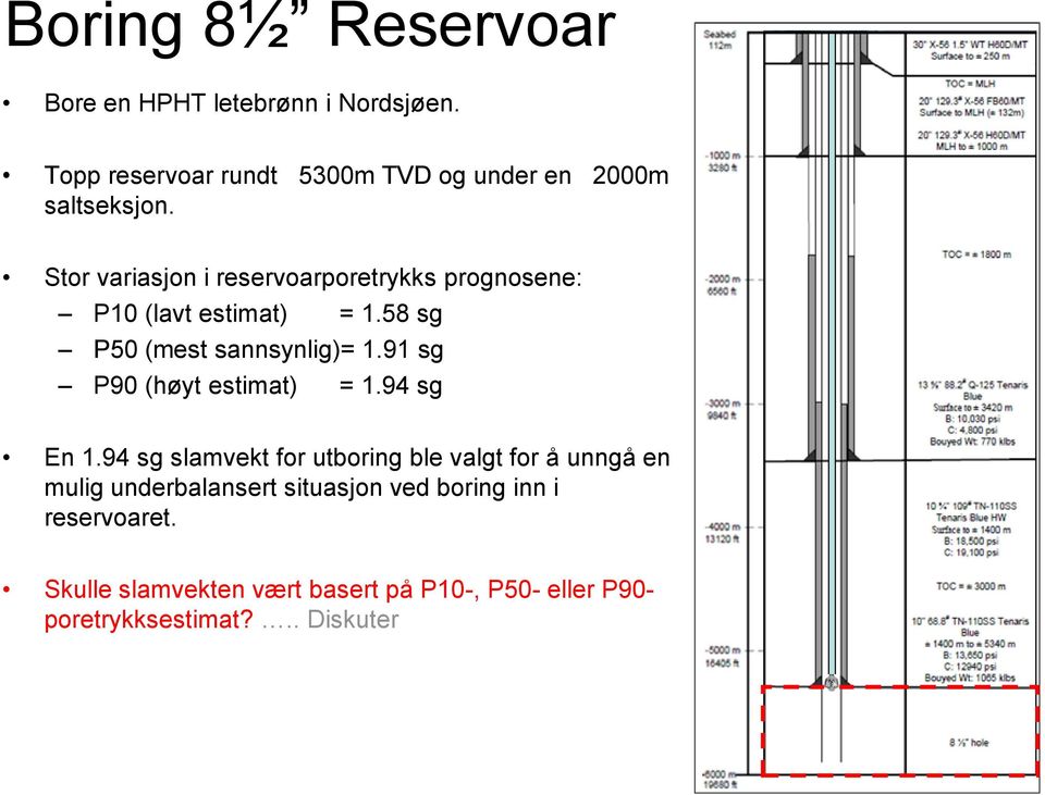 Stor variasjon i reservoarporetrykks prognosene: P10 (lavt estimat) = 1.58 sg P50 (mest sannsynlig)= 1.