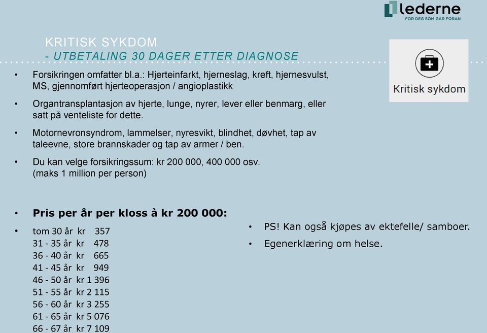 : Hjerteinfarkt, hjerneslag, kreft, hjernesvulst, MS, gjennomført hjerteoperasjon / angioplastikk Organtransplantasjon av hjerte, lunge, nyrer, lever eller benmarg, eller satt på