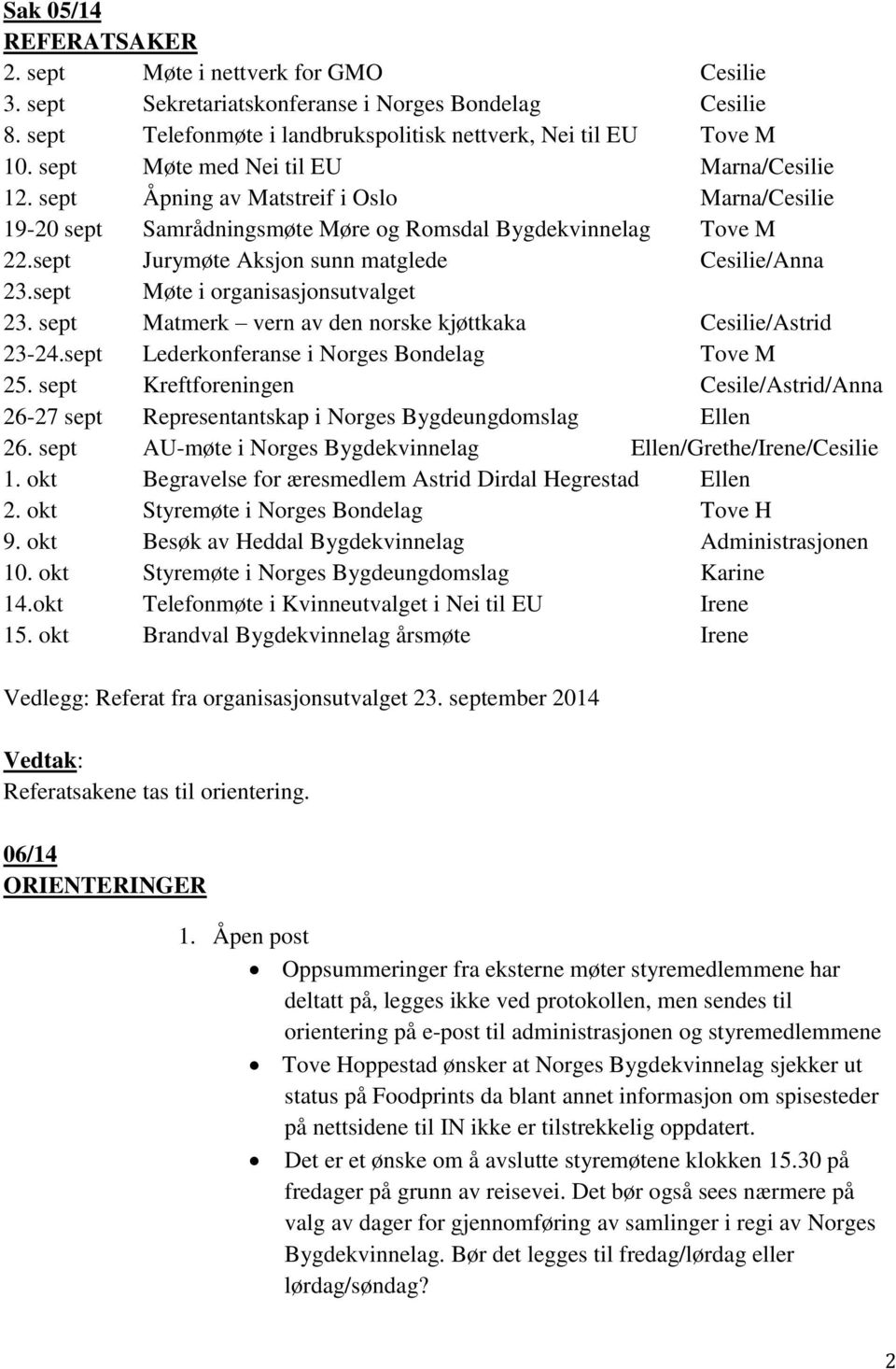 sept Jurymøte Aksjon sunn matglede Cesilie/Anna 23.sept Møte i organisasjonsutvalget 23. sept Matmerk vern av den norske kjøttkaka Cesilie/Astrid 23-24.