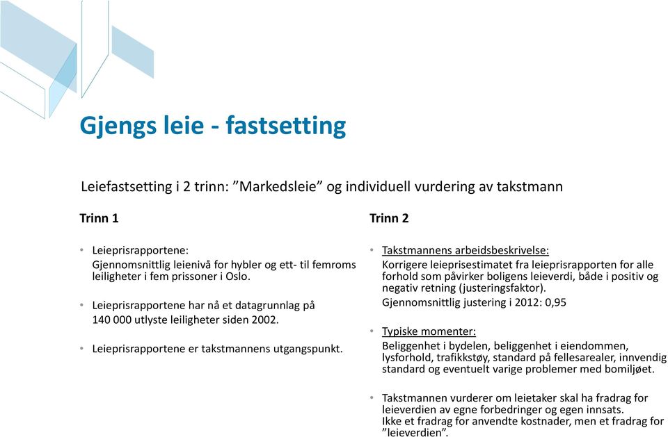 Trinn 2 Takstmannens arbeidsbeskrivelse: Korrigere leieprisestimatet fra leieprisrapporten for alle forhold som påvirker boligens leieverdi, både i positiv og negativ retning (justeringsfaktor).